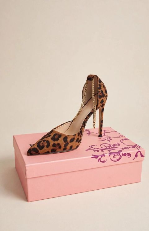 Leopar naxışlı stiletto ayaqqabı – zəncir detallı - Model: sivri — Bakı