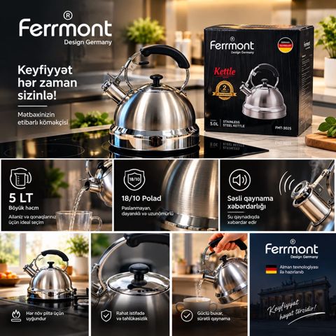 Çaydan, 5000 ml, paslanmayan polad, gümüşü — Bakı