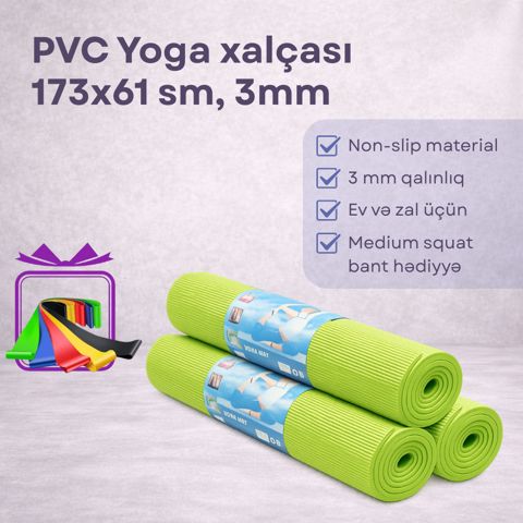 Yoqa üçün xalça, PVX, yaşıl, 173x61 sm, 3 mm + Hədiyyə Fitness rezin bantı — Bakı