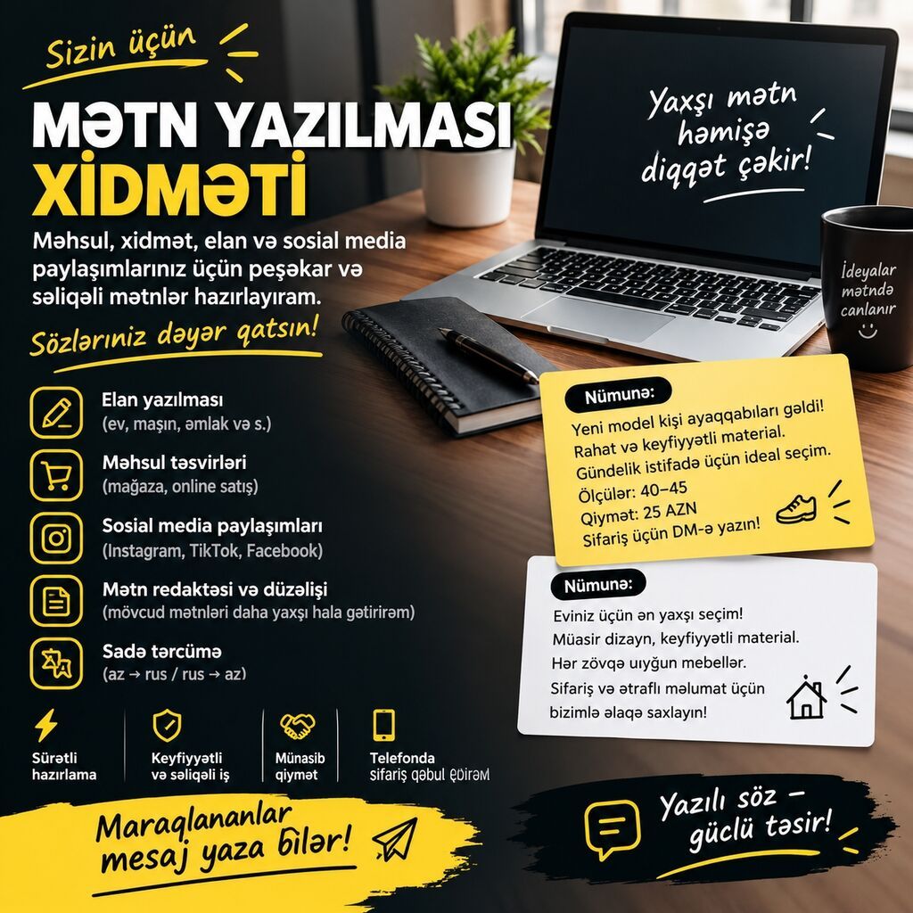Mətn yazılması xidməti Elan, məhsul və xidmətlər üçün səliqəli və — Reklama, IT, marketing, Bakı