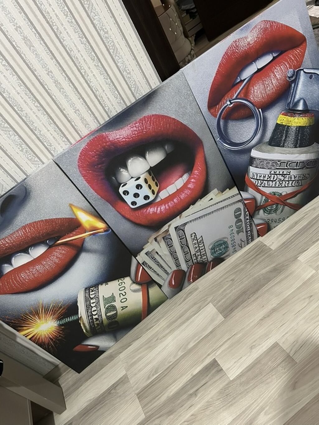 Mövzu: 3 parçalı müasir divar tablo seti – “Red Lips & Money” — Şəkillər, plakatlular və çərçivələr, Xırdalan (3)