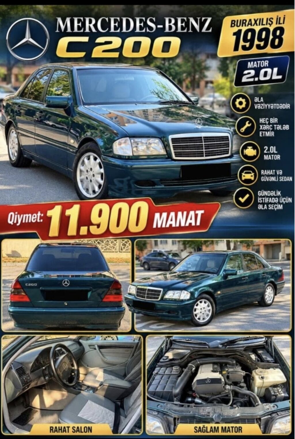 Mercedes-Benz C 200: 2 l 1998 il Sedan — Avtomobillər, Bakı