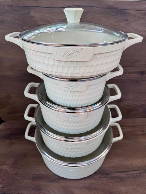 Qazanlar Qazan dəsti, 10 parça, ağır və keyfiyyətli materialdan, ölçülər: qazan 20, 24, 28, 32 sm, tava 28 sm, krem rəngdə - TW-RZ646 — Bakı