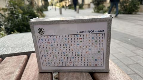 Məhsul: Hədəfli yığınca sandığı (kassası) - Üzərində “Hədəf: 1000 — Bakı