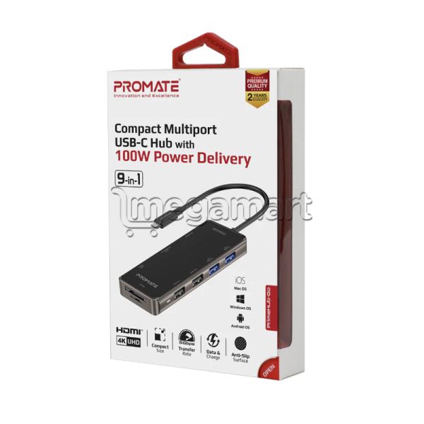 USB HUB Promate PrimeHub-Go 9-in-1 Type-C, Usb-c PD, HDMI, RJ-45, SD/microSD, 2xUSB 3.0, 2xUSB 2.0 - Prımehub-go — Kabelləri, adapterlər və keçidçilər, Bakı (2)