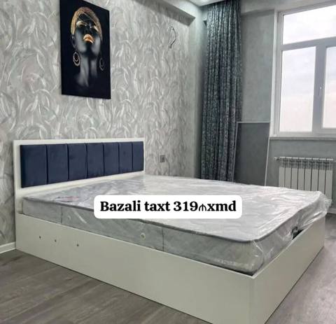 Bazalı taxt - Rəng: ağ korpus, tünd mavi yumşaq başlıq paneli — Уктоочу бөлмө эмерек топтомдору