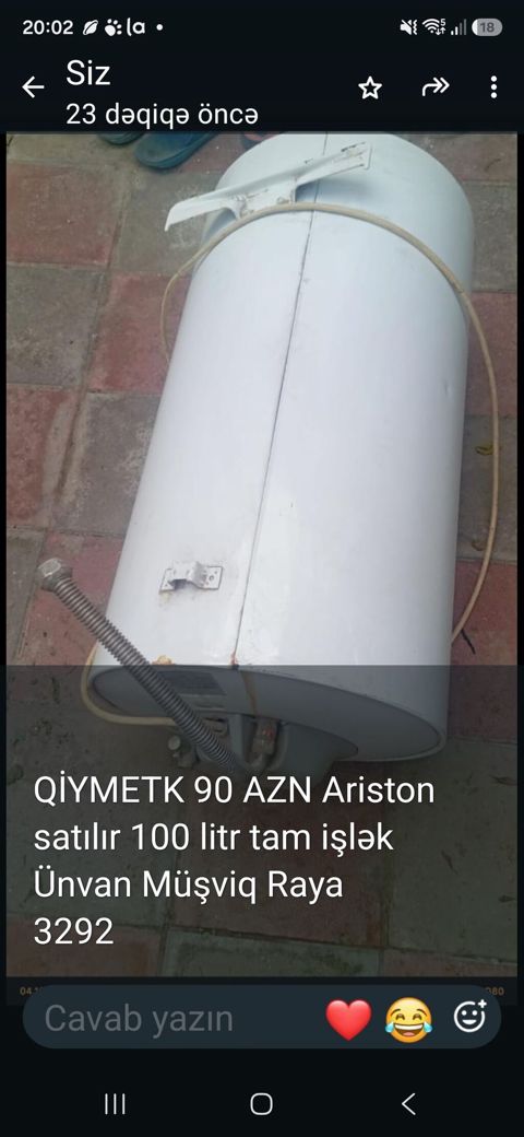 Ariston su qızdırıcısı (elektrik, şaquli silindrik model) - Həcm: 100 — Sumqayıt