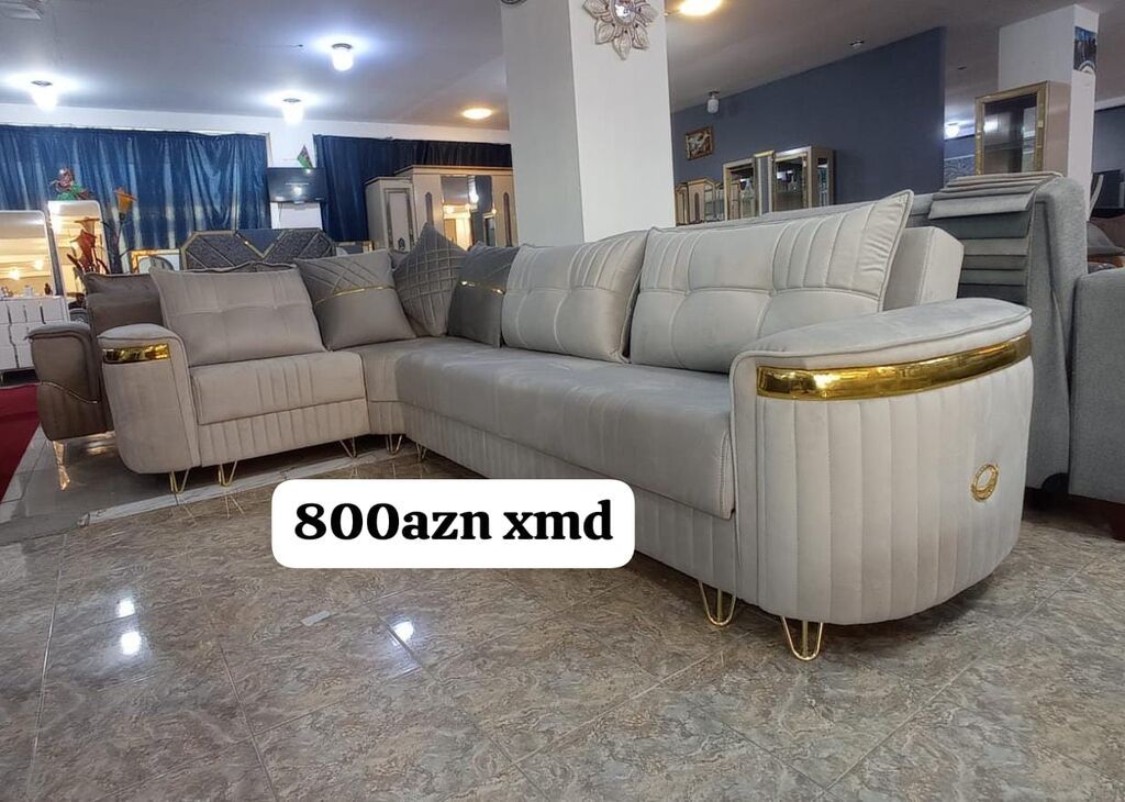 L‑şəkilli salon dəsti - Zərif açıq boz rəngdə L‑kunc divan və uyğun — Yumşaq mobilya dəstləri, Bakı