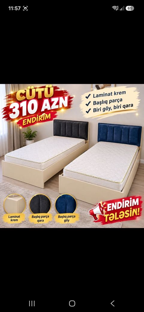Cüt tək nəfərlik çarpayı dəsti - Korpus: laminat, krem rəng - Başlıq — 310 ₼ · Xırdalan · Yataqlar Cüt tək nəfərlik çarpayı dəsti - Korpus: laminat, krem rəng - Başlıq — Xırdalan