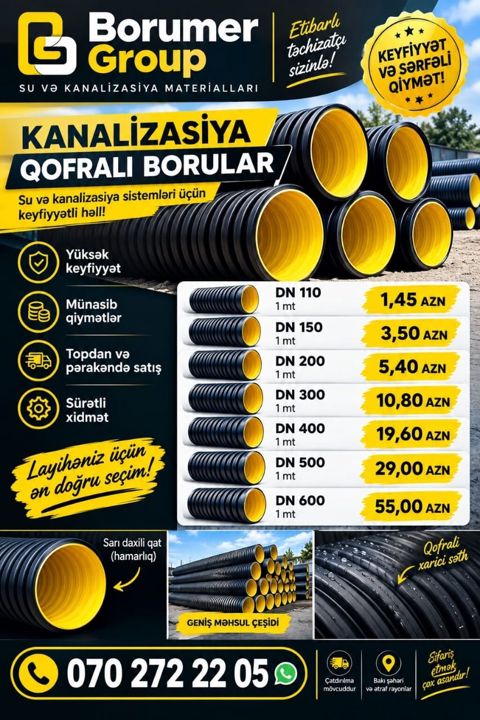 Kanalizasiya üçün qofralı borular – su və kanalizasiya sistemləri üçün — Bakı