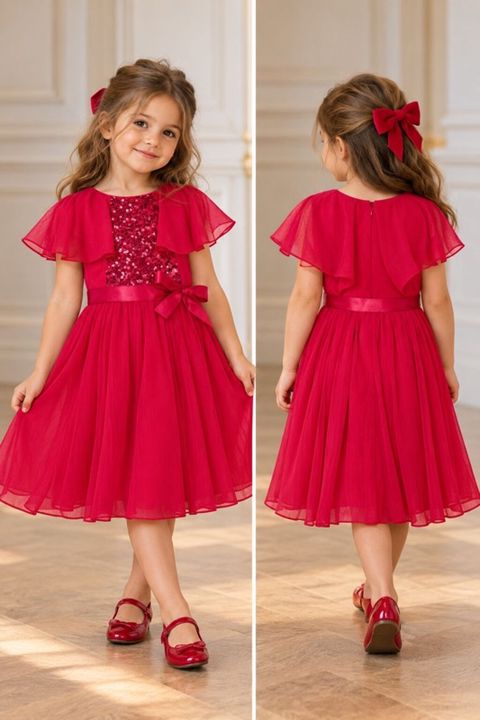 Princess Charlottes style Monsoon Sequin Cape Sleeve Dress – Qırmızı — Bakı