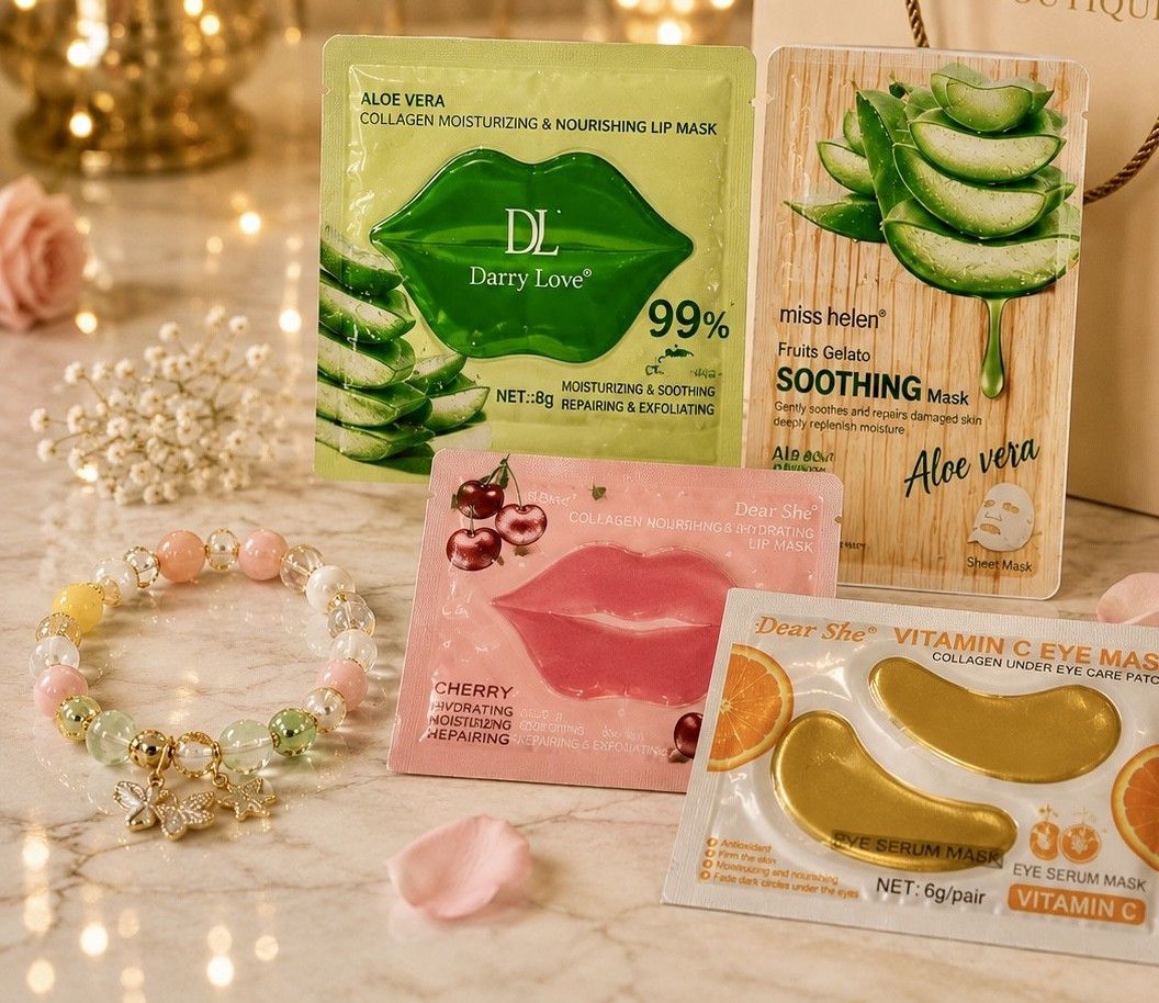 No Brand ətir dəsti qadınlar üçün (dodaq üçün maska Darry Love Aloe Vera 8 q + göz altı patçlar Dear She Vitamin C 6 q + üz üçün parça maskası Miss Helen Fruits Gelato Aloe Vera + ətir suyu Si 30 ml + qolbaq + dodaq üçün maska Dear She Cherry) — Mallar, Bakı (2)