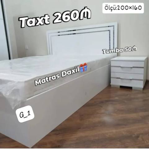 Ağ rəngdə müasir yataq dəsti. - Taxt: 260₼ - Ölçü: 200×160 - Matras — Baku
