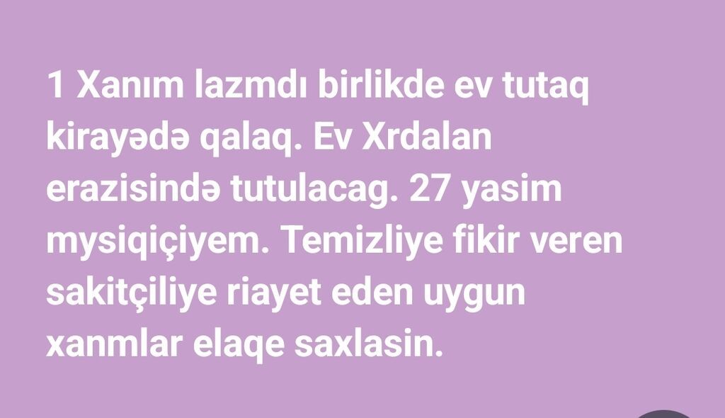 Birgə kirayə üçün xanım axtarılır. - Məkan: Xırdalan ərazisində ev — Mənzil, Xırdalan