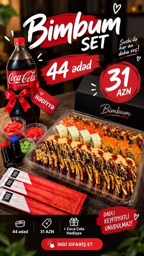 Bimbim Set – 44 ədəd sushi - Qiymət: 31 AZN (vizualdakı məlumata — 31 ₼ · Bakı · Məhsulların saxlanması Bimbim Set – 44 ədəd sushi - Qiymət: 31 AZN (vizualdakı məlumata — Bakı