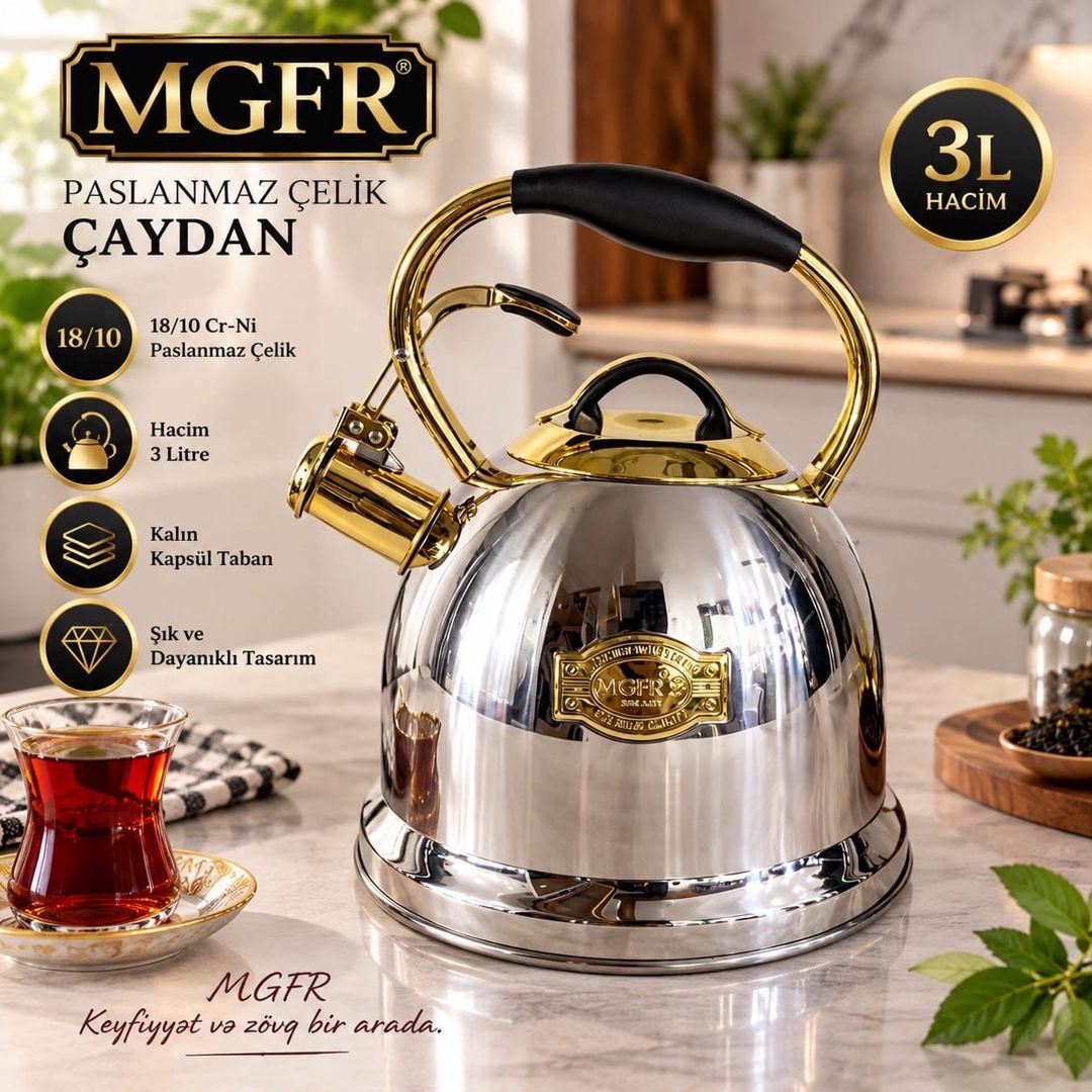 Çaydan, 3000 ml, paslanmayan polad, gümüşü — Mallar, Bakı