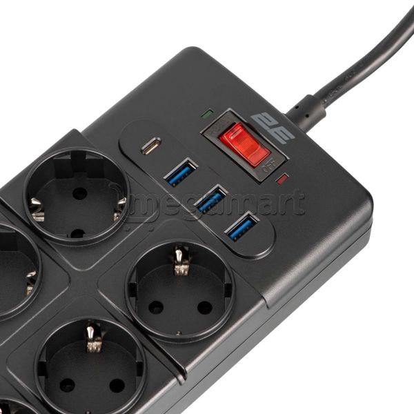 Uzatma kabeli 2E (Surge Protector), 10 Rozetka, 3 m, 3×USB-A + 1×USB-C, Qara (2E-SP10M3USBBK) — Elektrika, Bakı (2)