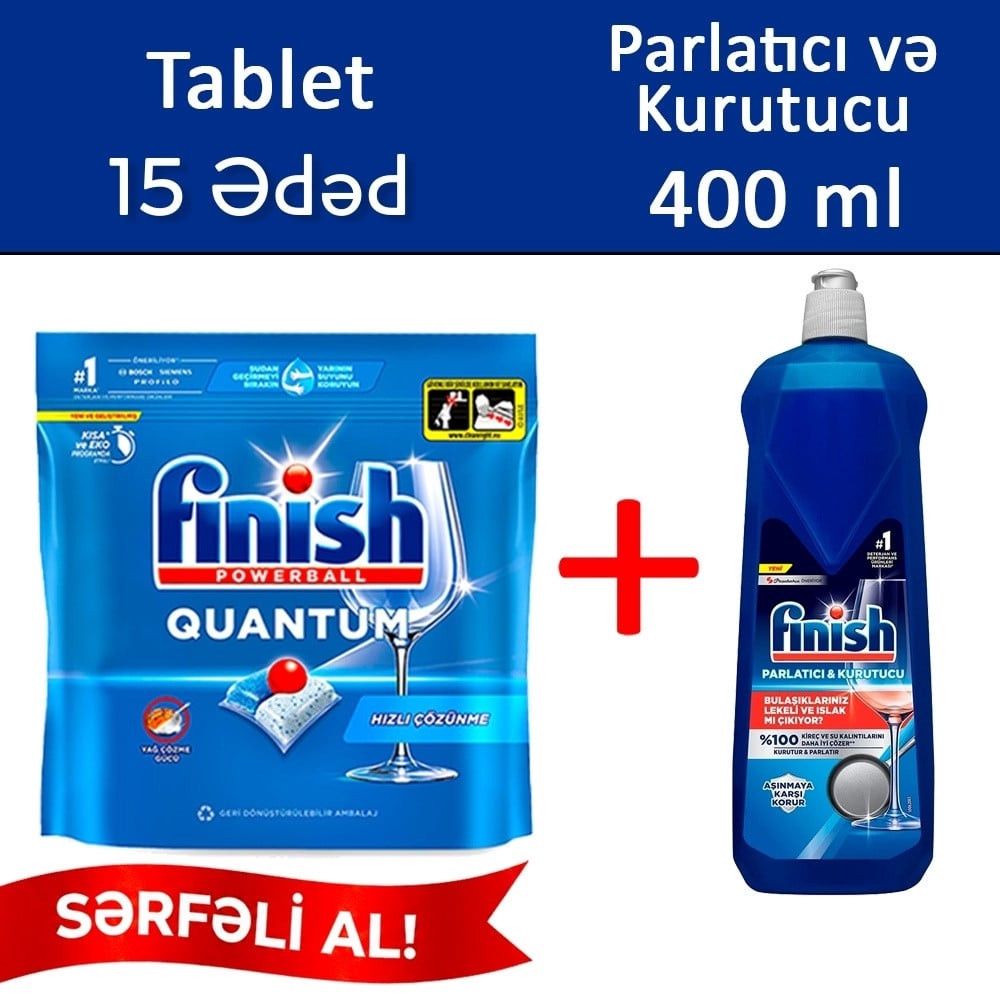 Qabyuyan maşın üçün həblər Finish Quantum, 15 ədəd + parladıcı, 400 ml - HomeM-110n2+Parlt400 — Mallar, Bakı