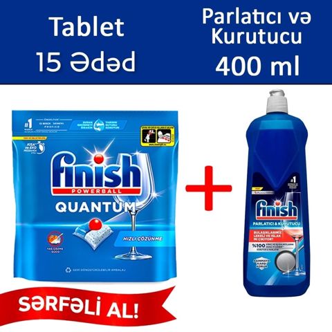 Qabyuyan maşın üçün həblər Finish Quantum, 15 ədəd + parladıcı, 400 ml - HomeM-110n2+Parlt400 — Bakı