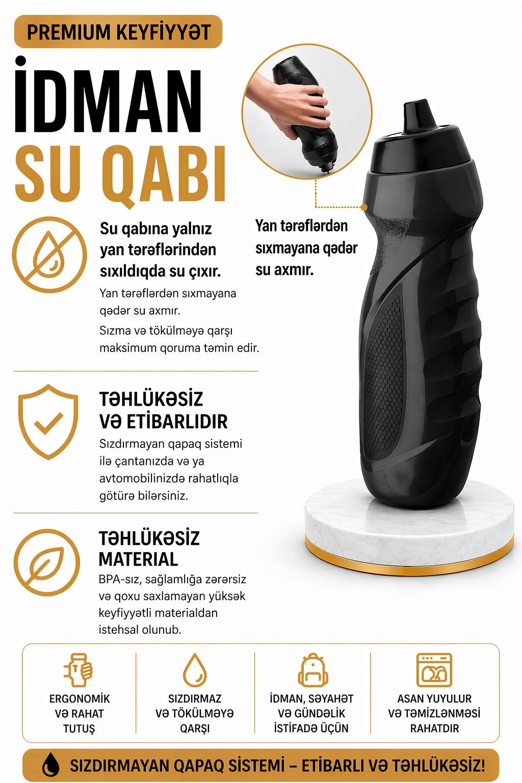 İdman su qabı Squeeze, qara, polietilen, 600 ml — Mallar, Bakı