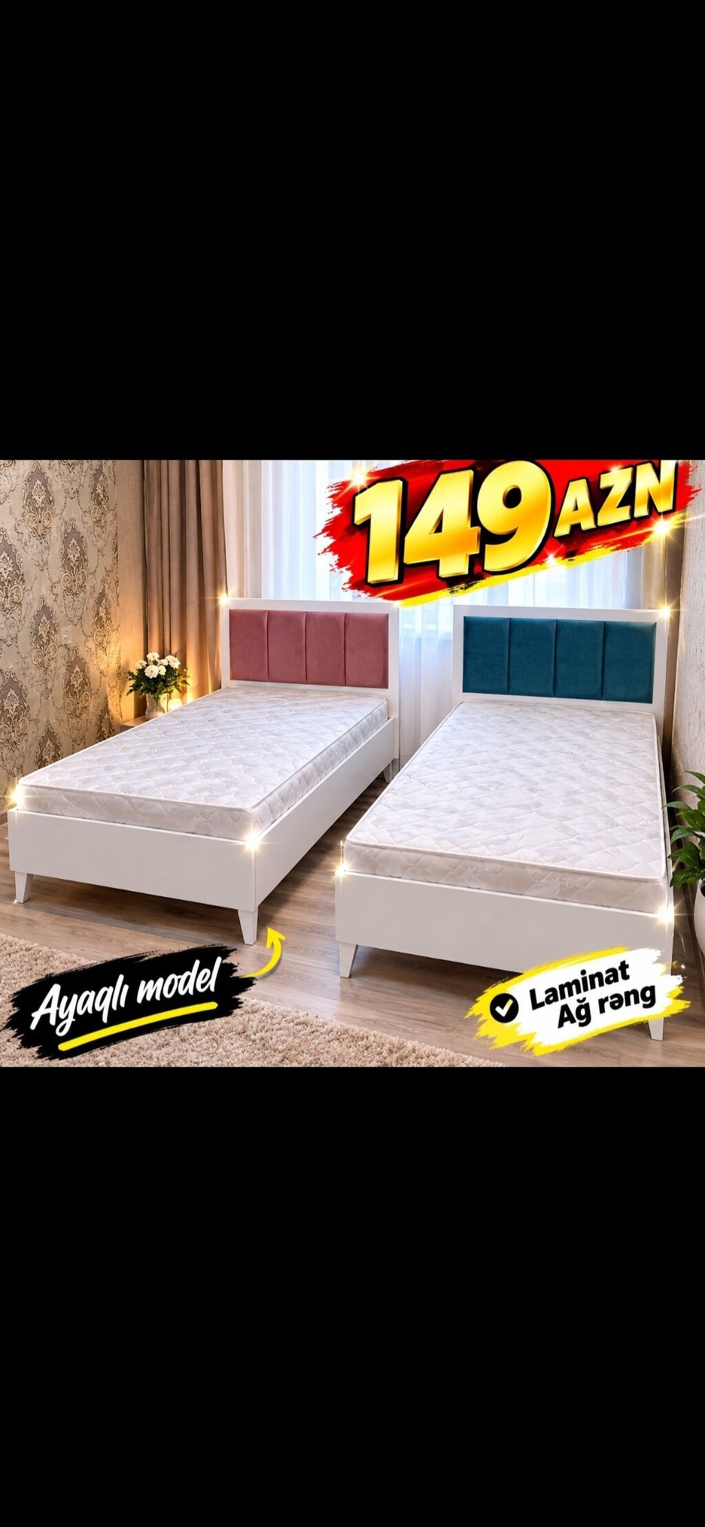 Ayaqlı tək nəfərlik çarpayılar - Rəng: ağ (laminat) - Başlıq — Yataqlar, Xırdalan