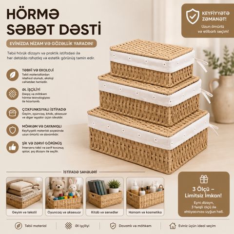 Saxlama səbətləri dəsti 43425743, 19x12x8 sm, 3 əd — Bakı