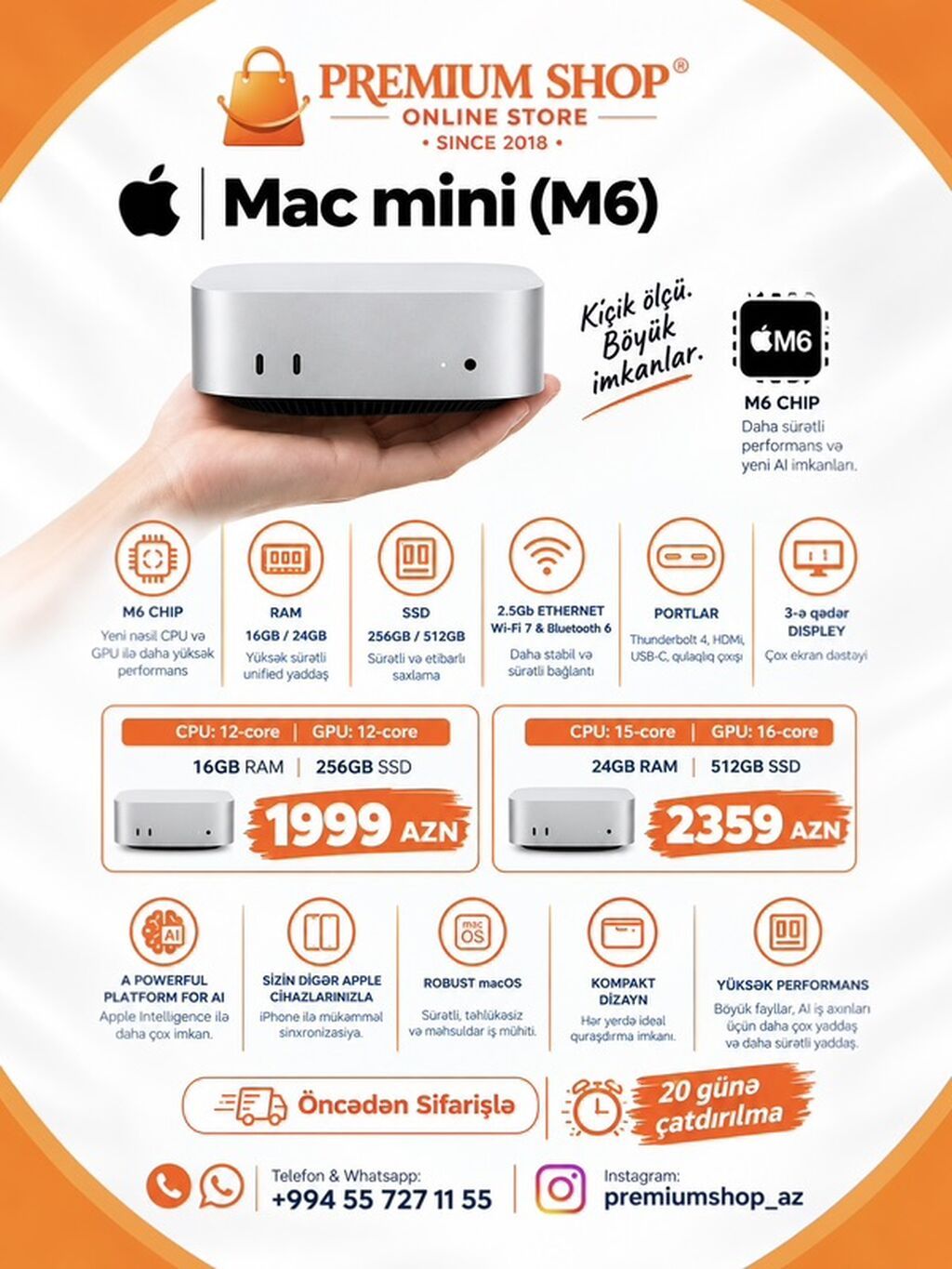 Apple Mac mini (M6) - CPU 12‑core / GPU 12‑core, 16 GB RAM, 256 GB — Masaüstü kompüterlər, Bakı