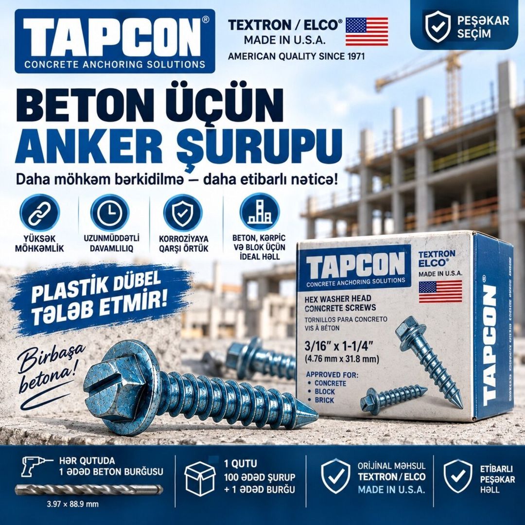 Orijinal Tapcon beton şurupu 4.76 31.8 mm – ABŞ — Təmir və inşaat, Bakı