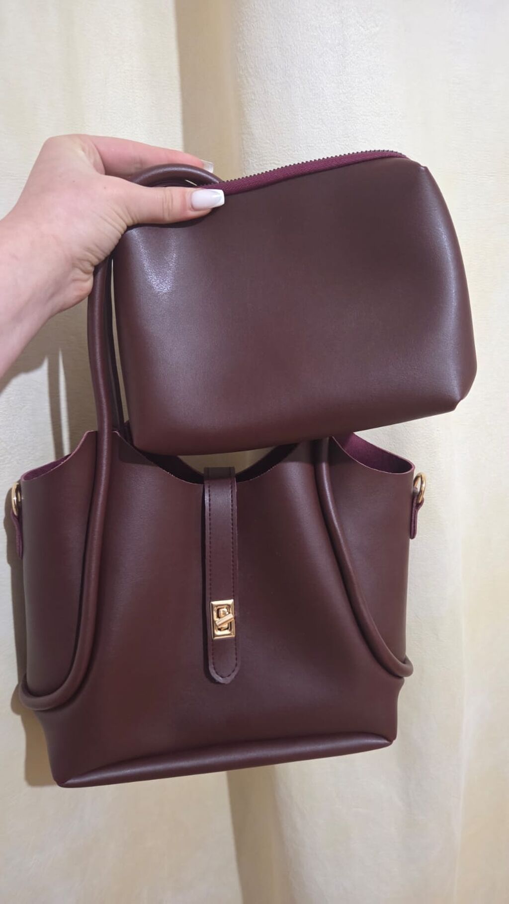 Bordo rəngli 2‑li qadın çantası seti - Material: hamar teksturalı — Çantalar, çamadanlar, cüzdanlar, Digah