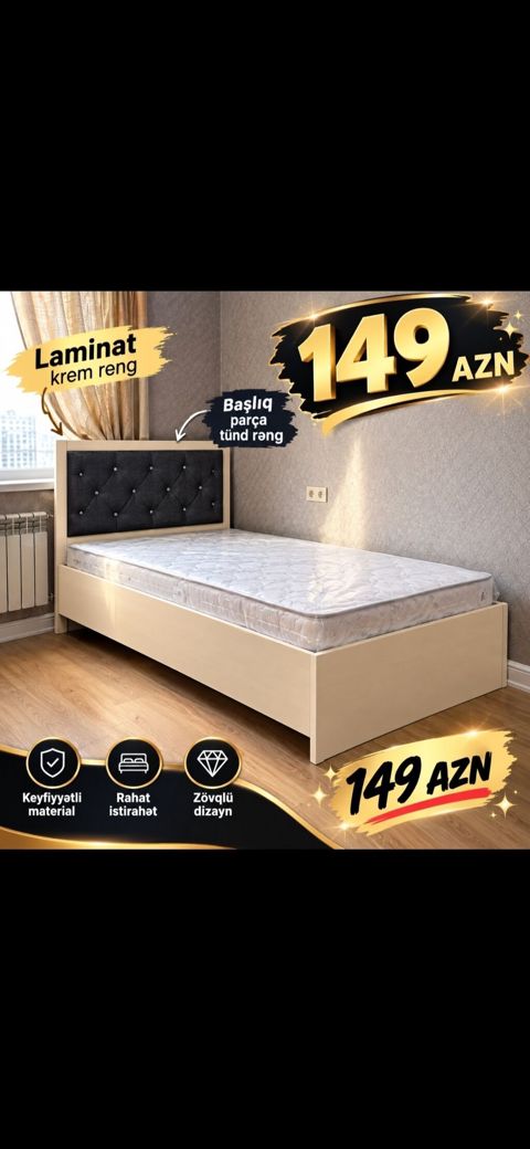 Laminat tək nəfərlik çarpayı – krem rəng - Material: laminat - Rəng — 149 ₼ · Xırdalan · Yataqlar Laminat tək nəfərlik çarpayı – krem rəng - Material: laminat - Rəng — Xırdalan