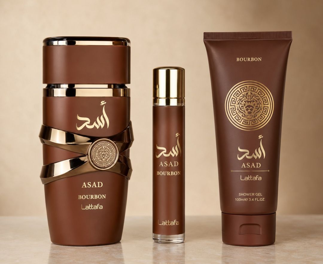 Lattafa Perfumes Asad Bourbon kişilər üçün ətir dəsti (ətir suyu 100 ml + duş geli 100 ml + ətir nümunəsi 20 ml) — Mallar, Bakı (2)
