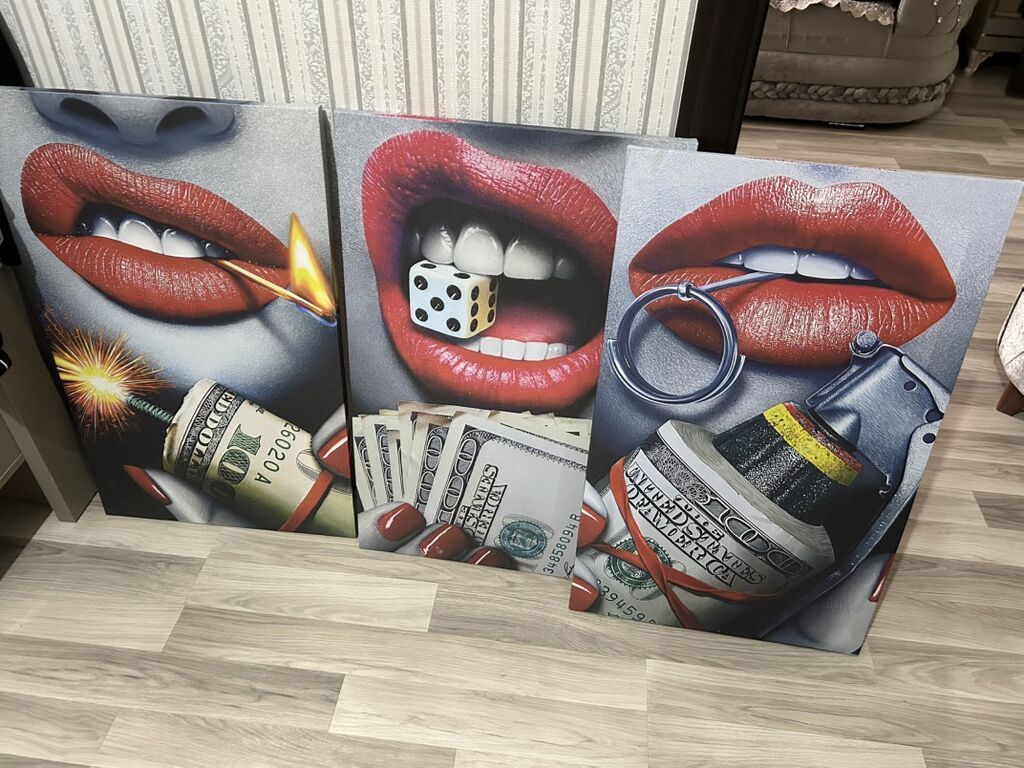 Mövzu: 3 parçalı müasir divar tablo seti – “Red Lips & Money” — Şəkillər, plakatlular və çərçivələr, Xırdalan (2)