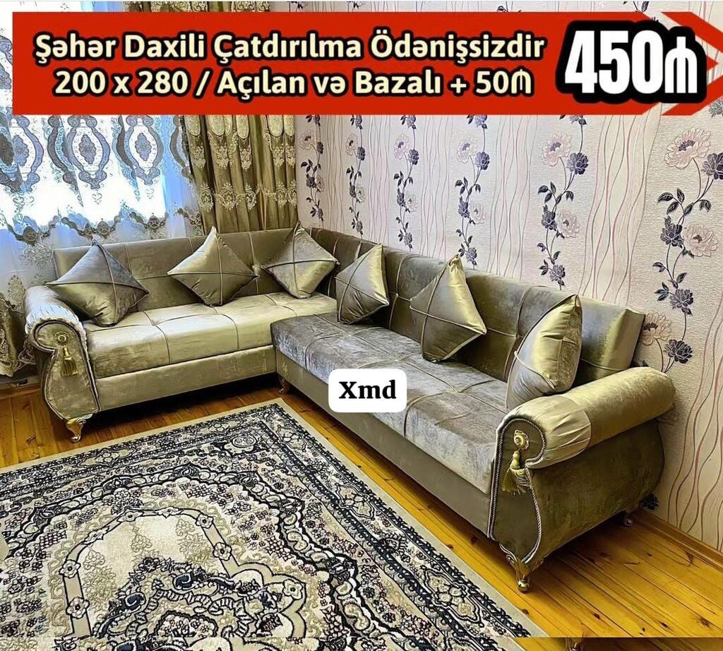Künc divan dəsti - Ölçü: 200 x 280 sm - Açılandır və bazalı model — Yumşaq mobilya dəstləri, Bakı (2)