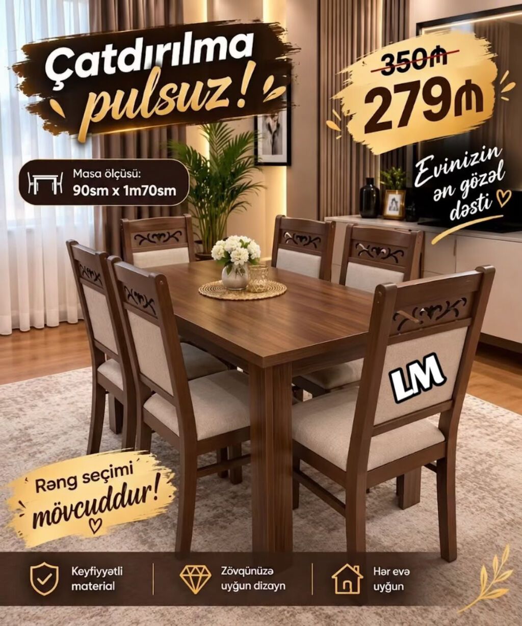 Masa dəsti Masa +6 Stull Masa bağlı: 90×1. 70:279₼ — Masalar və stullar, Bakı (2)