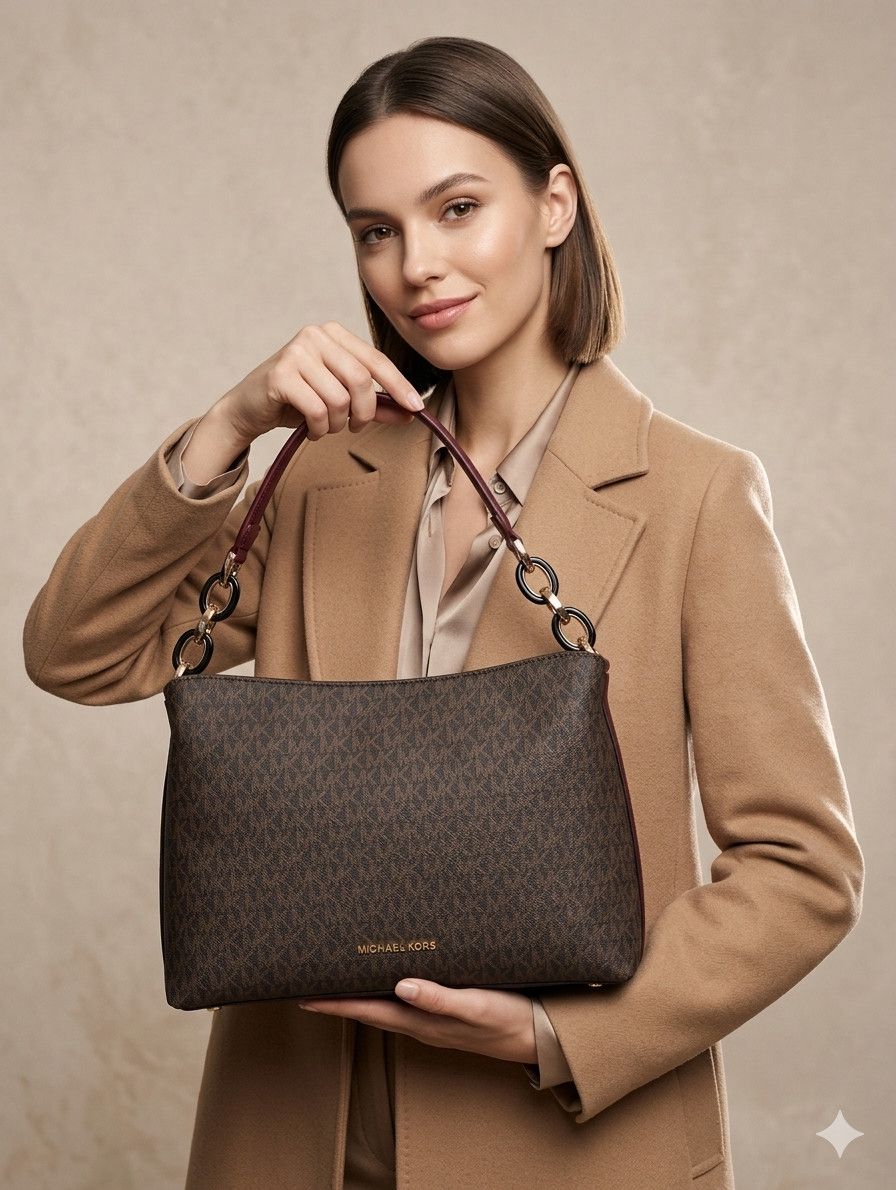 Qısa tutacaqlı çanta Michael Kors, dəri/kətan, qəhvəyi, 28х18.5 sm — Mallar, Bakı (2)