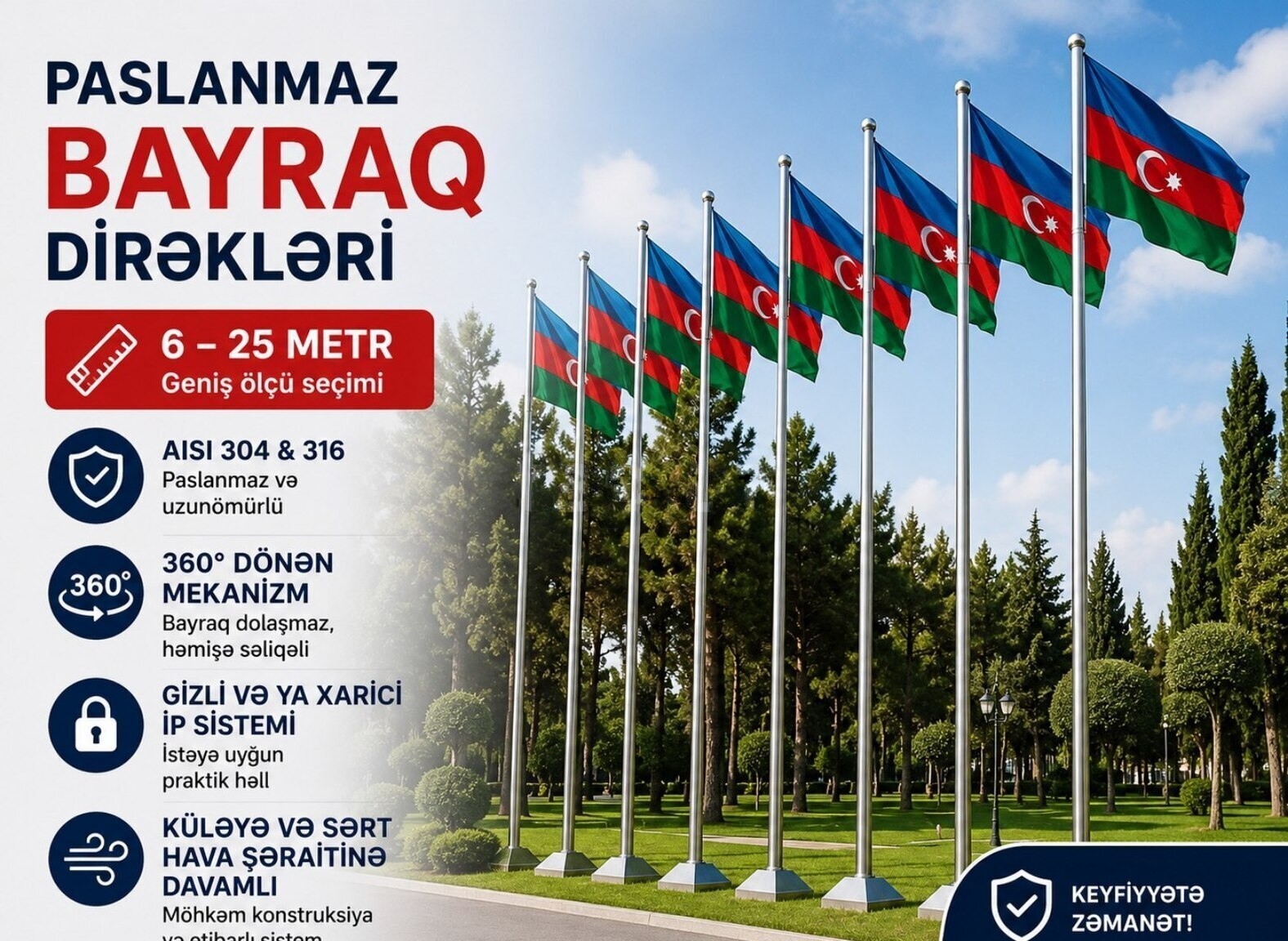 Paslanmaz polad bayraq dirəyi (6-25 metr) — Bakı