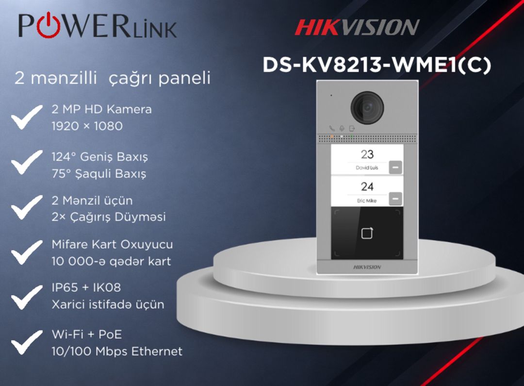 2 Mənzilli IP Video Domofon Çağırış Paneli Hikvision DS-KV8213-WME1(C) — Ağıllı ev və təhlükəsizlik, Bakı