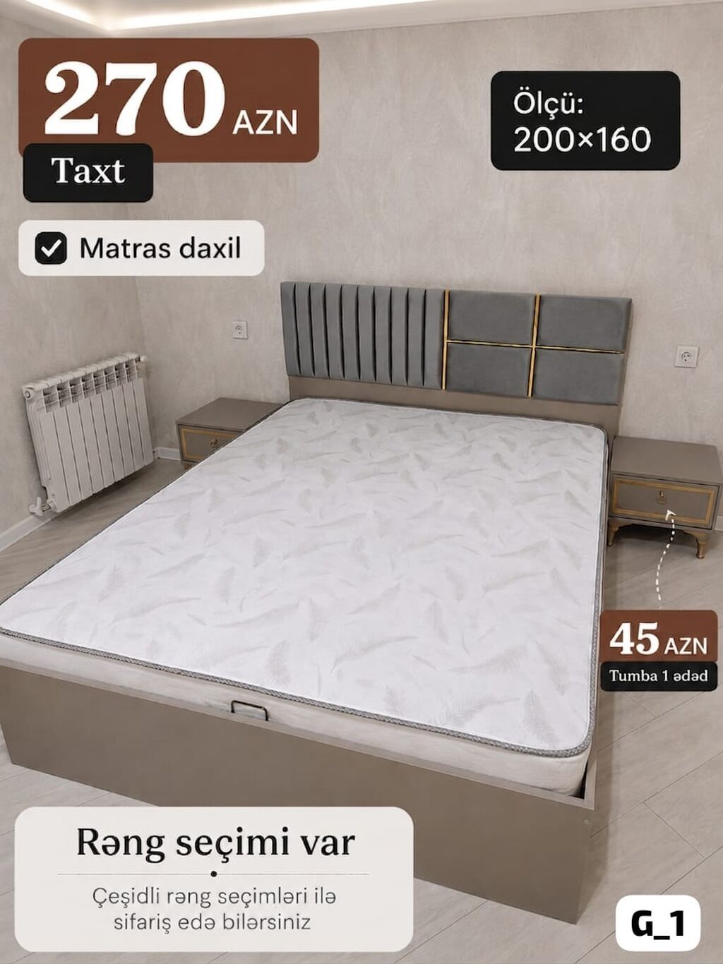 Taxt – 200×160 ölçü - Dəst: taxt + matras (matras qiymətə daxildir) — Yataq otağı mobilya dəstləri, Bakı (6)
