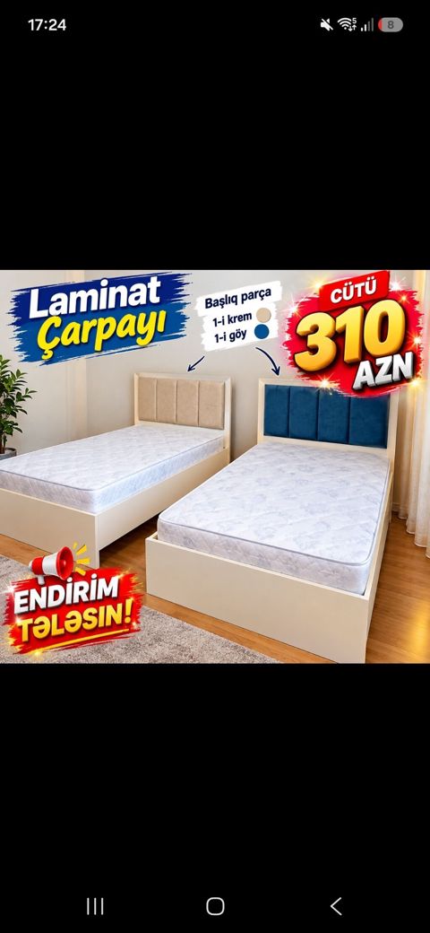 Laminat çarpayı – dəst - Material: laminat korpus - Başlıq — 310 ₼ · Xırdalan · Yataqlar Laminat çarpayı – dəst - Material: laminat korpus - Başlıq — Xırdalan