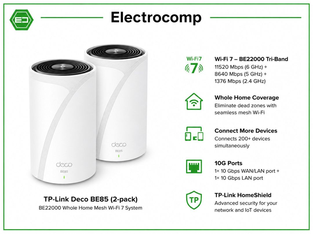 TP-Link Deco BE85 (2-Pack) BE22000 Whole Home Mesh Wi-Fi 7 System — Şəbəkə və server avadanlığı, Bakı