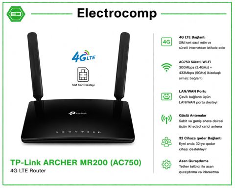 Router TP-Link Archer MR200 (AC750) – 4G LTE — 241 ₼ · Bakı · Şəbəkə və server avadanlığı Router TP-Link Archer MR200 (AC750) – 4G LTE — Bakı