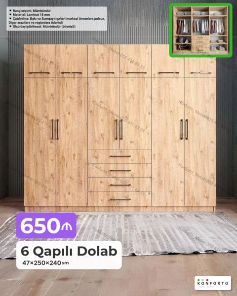 6 qapılı geyim dolabı – 47×250×240 sm - Material: 18 mm laminat — Bakı