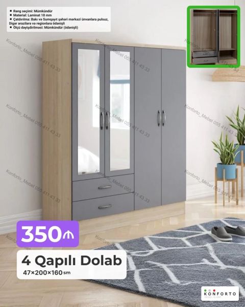 4 qapılı geyim dolabı – 47×200×160 sm - Material: 18 mm laminat — Bakı