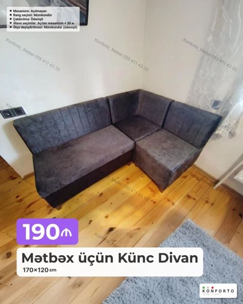 Mətbəx üçün Künc Divan — 170×120 sm - Mexanizm: Açılmayan - Rəng — Bakı