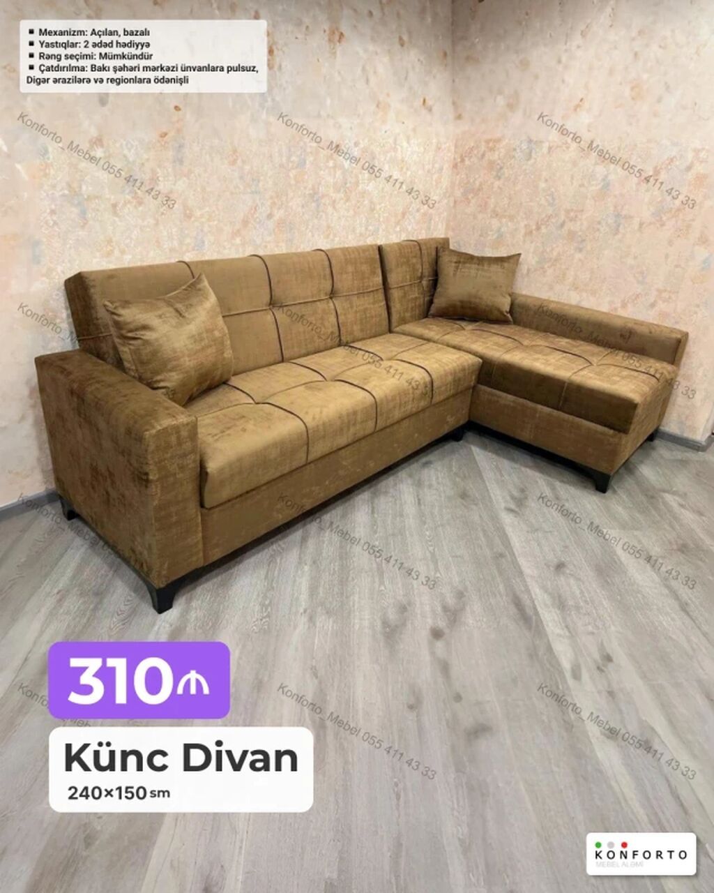 Künc divan – 240×150 sm - Açılan, bazalı mexanizm: rahat yataq — Divanlər, Bakı