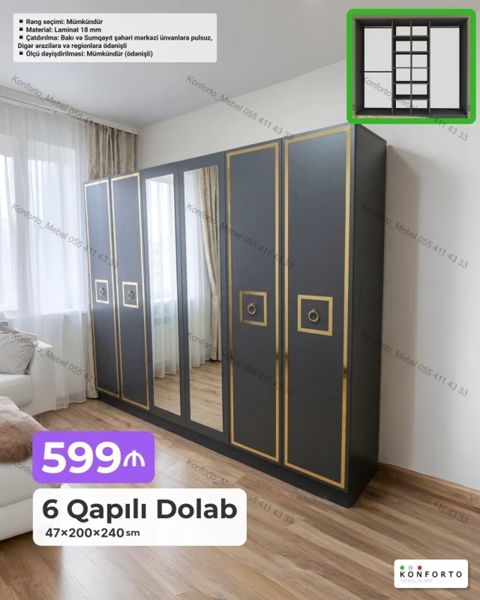 6 qapılı geyim dolabı – 47×200×240 sm - Material: 18 mm laminat - Rəng — Bakı