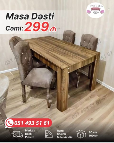 Qonaq otağı üçün, Yeni, Açılmayan, Dördbucaq masa, 4 stul — Bakı