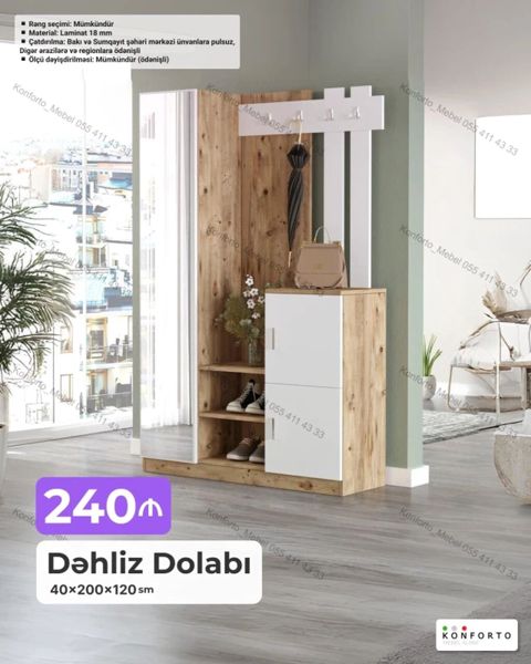 Dəhliz Dolabı – 40×200×120 sm - Dizayn: Ayna paneli, açıq rəfli — Bakı