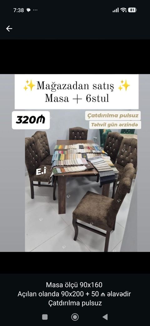 Masa + 6 stul dəsti - Mağazadan satış - Qiymət: 320₼ - Masa ölçüsü — Bakı