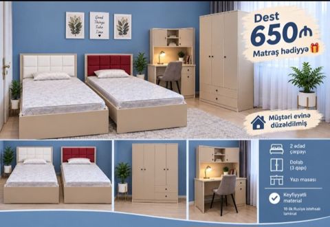 Uşaq/yeniyetmə otağı üçün mebel dəsti Tərkibi: - 2 ədəd tək çarpayı — 650 ₼ · Bakı · Uşaq mebeli dəstləri Uşaq/yeniyetmə otağı üçün mebel dəsti Tərkibi: - 2 ədəd tək çarpayı — Bakı